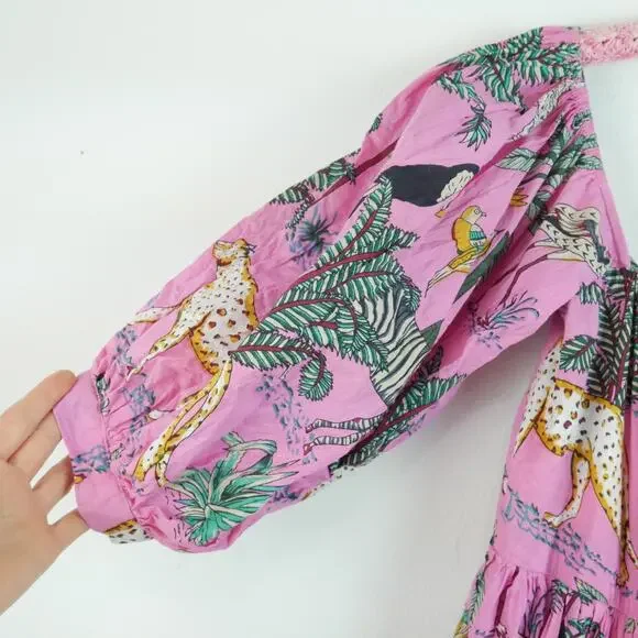 Darlington Isle Large Cayman Brac Dress Pink Babydoll Jungle Print Resort Cotton - Picture 3 of 10